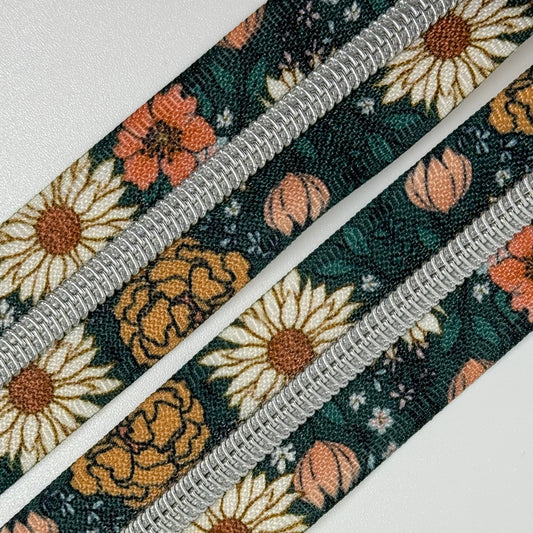 Teal Floral Zipper Tape By the Yard  image 0